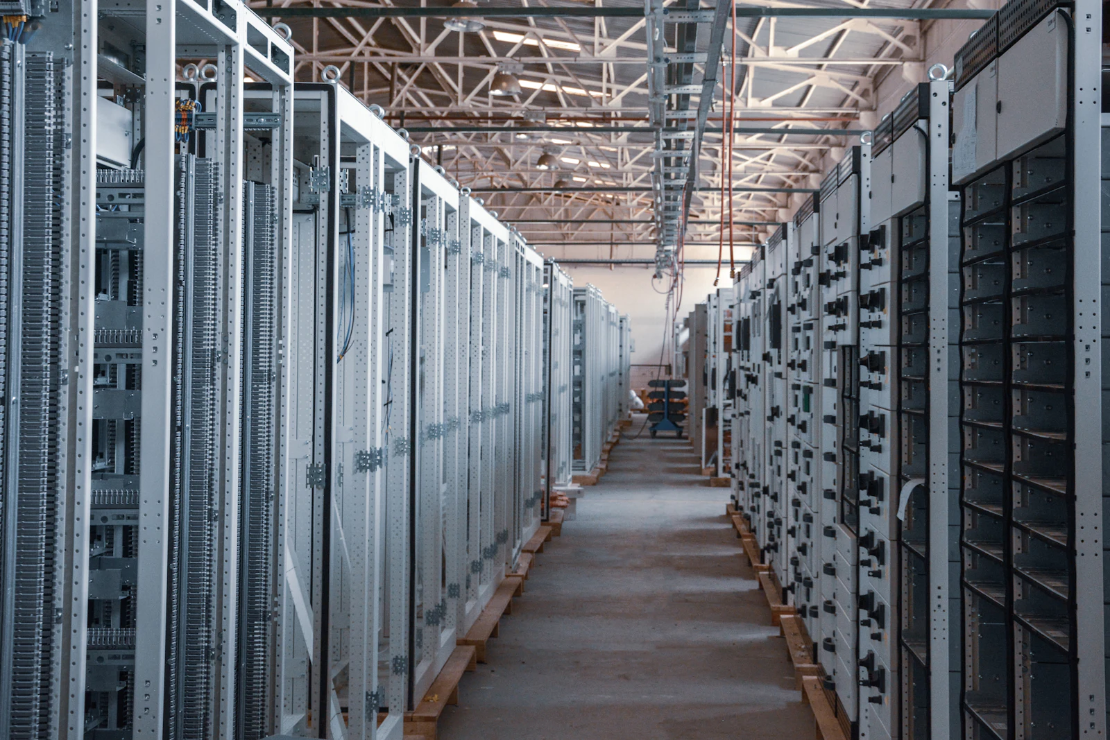 Server room aisle with equipment racks