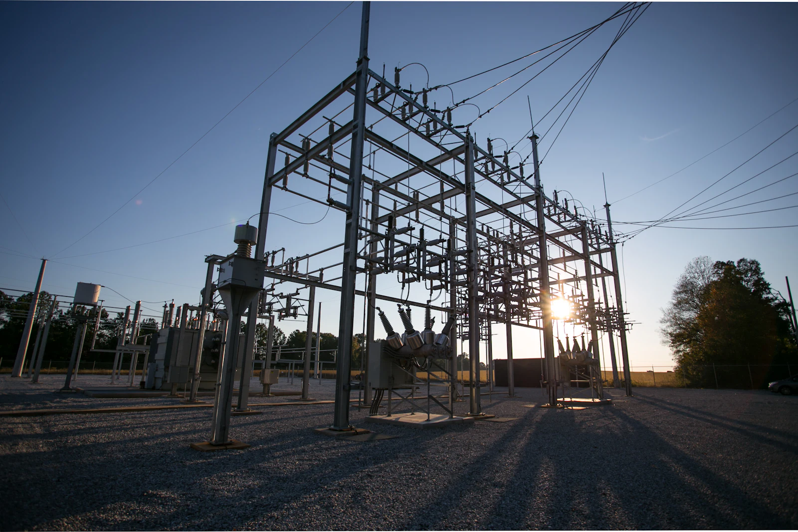 Transmission substation at sunset